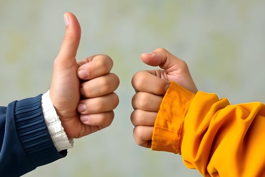 Zwei erhobene Daumen von zwei Personen mit farbigen Ärmeln vor neutralem Hintergrund